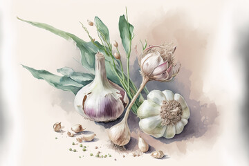 close-up of garlic in an aquarelle style, ai generated