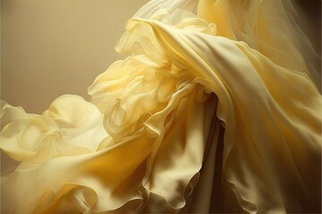  a woman in a yellow dress is posing for a picture with her dress blowing in the wind and her hair blowing in the wind,.  generative ai