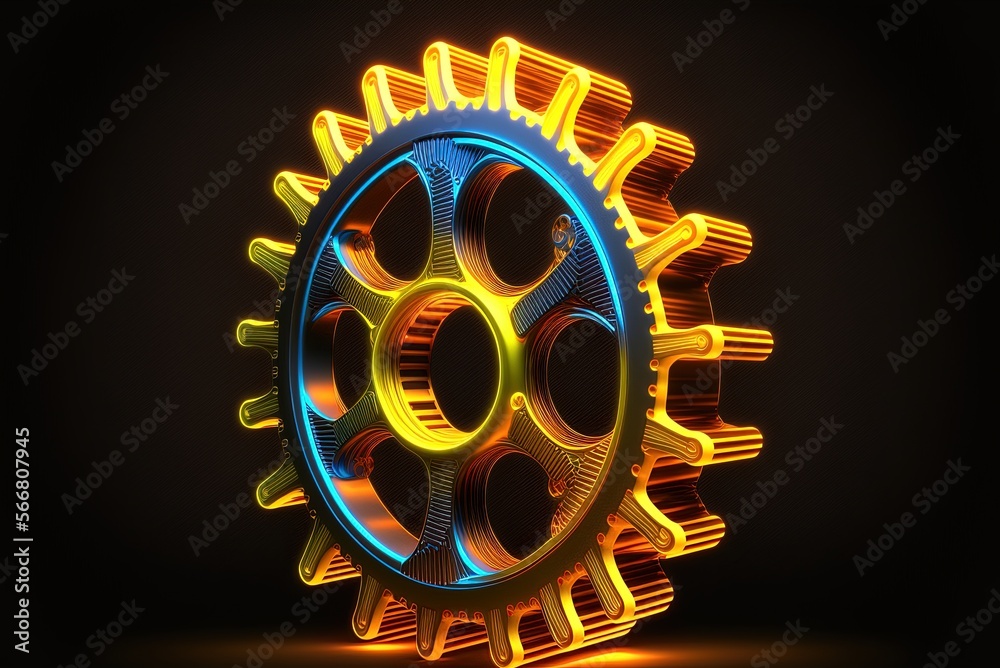 Symbol of a cog made of orange and yellow neon lights. Isolated on a ...