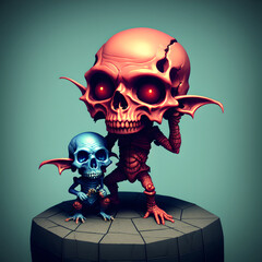 Charming and eerie plastic toy skull goblin with human skull. AI generated 3D