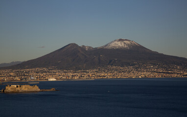 Wall Mural - View of Naplses bay with snowy Vesuvius