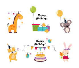 Sticker - Cute Animal Characters Celebrating Birthday Holiday with Cake, Gift and Balloons Vector Set