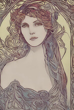 Portrait Of A Fictional Woman In Art Nouveau Style, Generative AI