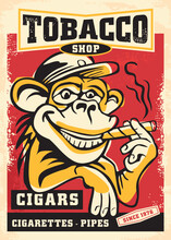 Tobacco Shop Funny Advertisement With Monkey Smoking Cigar Cartoon Style Drawing. Vector Illustration With Animal Mascot Character.