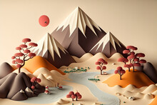 Surreal Japanese Mountain Landscape, Blossom Sacura Trees And Fuji. Advertising Design. Trend Minimalism. Generated AI