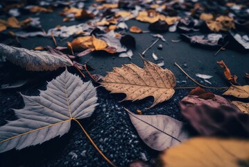 abstract background of  close up dry maple leaves on ground, Generative Ai