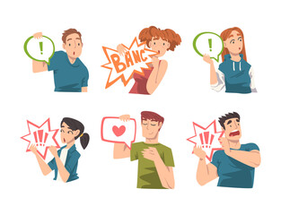 Poster - Young Man and Woman Holding Speech Chat Bubble in Hands Vector Set