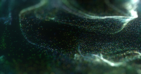 Poster - flowing dot, magic dust particles in a wave pattern. green glitter effect on dark background.