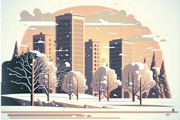 cartoon illustration, a park in winter, country with modern buildings in the city, generative AI