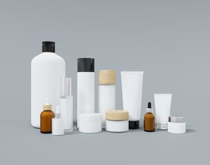 Wall Mural - group of different cosmetic bottles and jars 3d render