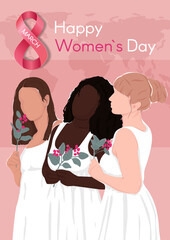 Wall Mural - Happy Women's Day poster. Card with an inscription and different women. Flat vector modern illustration.