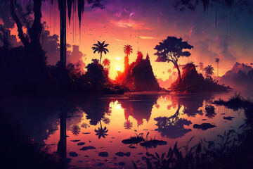 Wall Mural - sunset over the lake, breathtaking sunset landscape with a dreamy atmosphere, fantasy art, matte painting, outrun, perfect for a wallpaper background