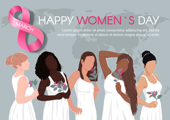 Wall Mural - Happy Women's Day poster. Horizontal card with an inscription and diverse women. Flat vector modern illustration.