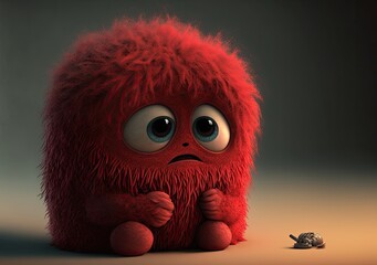 Wall Mural - sad,cute,furry, red color baby monster. Cartoon style, Generative ai.