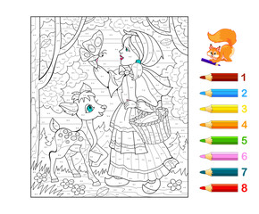 Wall Mural - Math education for children. Coloring book. Mathematical exercises on addition and subtraction. Solve examples and paint the girl in forest. Developing counting skills. Printable worksheet for kids.