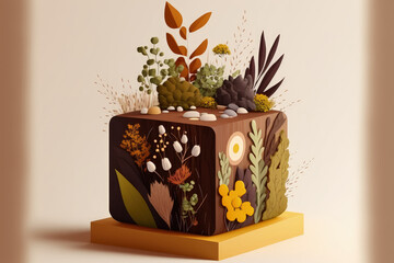 Wall Mural - For the presentation of products and cosmetics, a wooden cube podium with plants. Geometric podium in brown tones with moss, camel thorn, and chamomile. Generative AI