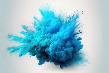 Wall Mural - eruption of blue powder against a white background. cloud with color. Bright dust explodes. Color Holi. Generative AI