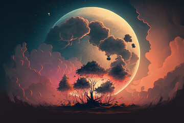 Wall Mural - Full Moon in the sky, ethereal nature settings. Generative AI