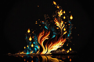 Poster - fire flames with sparks on black background. Generative AI