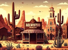 Cartoon Illustration, Town With Old Wooden Buildings From The Wild West, Generative AI