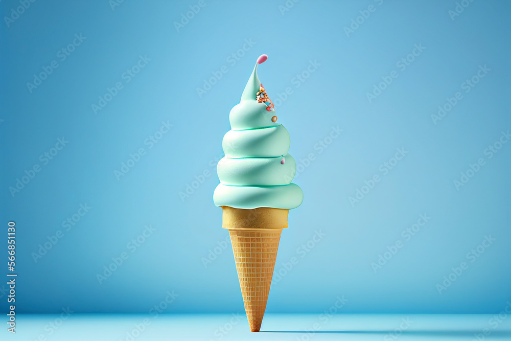 Ice cream cone on blue background. Created with generative Ai ...