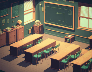 Canvas Print - Empty classroom with chairs, desks and chalkboard. Generative AI