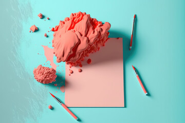 Poster - Coral pink abstract paint on a pastel blue background. With copy space, a fluid creative concept composition. little luxury in nature. Generative AI