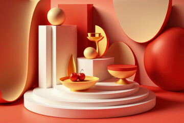 Poster - Elegant red podium platform product exhibition in an abstract still life. Generative AI