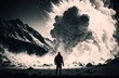 © Pajaros Volando - Silhouette of a man watching huge avalanche coming. Natural disaster concept. Generative AI illustration
