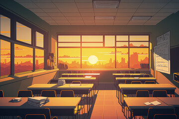 Sticker - Empty college classroom at sunset. Generative AI