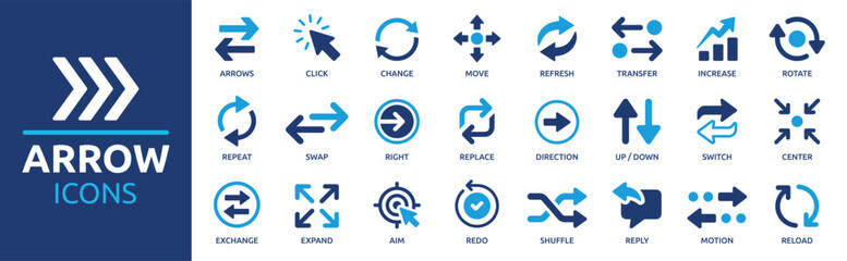 Arrow icon set. Containing cursor arrow, change, transfer, switch, swap, exchange, up, down and refresh symbol icons. Solid icon collection.