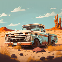 Illustration Of An Old Rusty Vintage Pickup In The Middle Of The Desert.