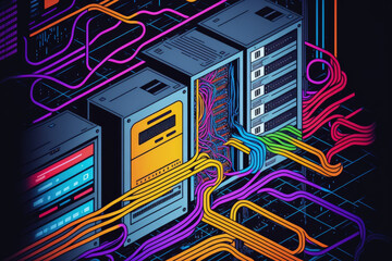 Poster - data center is connected by optical fiber connections. Generative AI