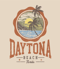 Poster - Varsity style print design featuring a beach scene illustration of Daytona Beach, Florida