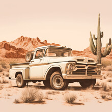 Illustration Of An Old Rusty Vintage Pickup In The Middle Of The Desert.