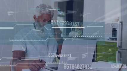 Poster - Animation of data processing over african american man using laptop