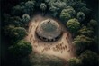 Aerial view of indigenous tribe huts in forest, Digital illustration, Generative AI
