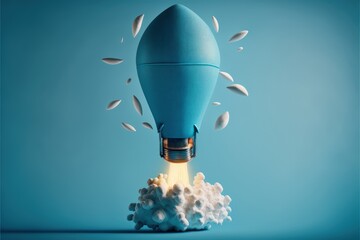 Wall Mural - Lightbulb shaped rocket in launch, blue background
success ideas concept, startup concept, 3D illustration, Generative AI