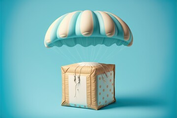 Wall Mural - Parcel with parachute. Package with order. blue background. Digital illustration, Generative AI

