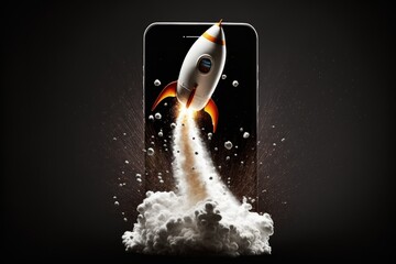 Wall Mural - rocket taking off from mobile screen on black background, startup concept, generative ai