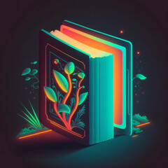 Wall Mural - book neon light design art illustration isolated on a dark background generative ai