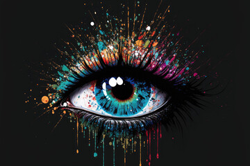 Wall Mural - Conceptual, artistic image of a woman's close up eye with paint splashes, explosions, and drips isolated on a dark background. Close up of a female eye with paint all around. Generative AI