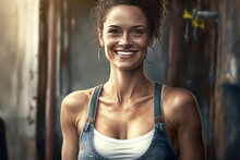 Cheerful Young Woman Smiling At The Camera While Standing In A Tank Top And Jeans.  Generative AI	