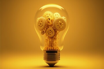 Light bulb with gears, ideas concept, yellow background. Generative AI