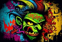 Graffiti Expressionism, Graffiti Style, Green Graffiti Goblin Face, Generative Ai, Generative, Ai
