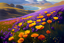 Beautiful Purple And Orange Wildflowers Landscape Painting, Mountain Field Painting, Wallpaper Background. 