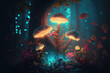 © ImagineDesign - Fairy forest at night, fantasy glowing flowers, mushroom and lights. (ai generated)