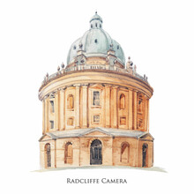 Beautiful Stock Illustration With Hand Drawn Watercolor Old Building. Historical Site Oxford Radcliffe Camera.
