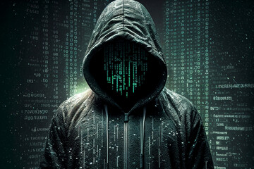 Conceptual image of a hacker wearing hoodie with binary code patterns created with Genertive AI technology