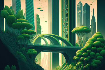 Poster - A futuristic environmental metropolis illustration featuring high rise skyscrapers connected by bridges and building terraces covered in greenery. Generative AI